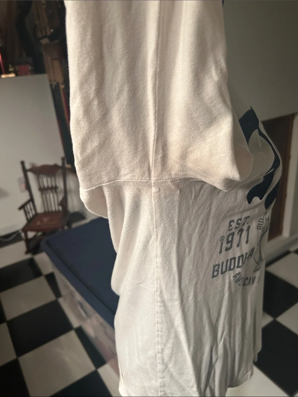 True Religion Cream Long Sleeve Tee with Navy Graphic Logo